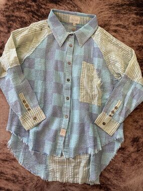 Oli & Hali Mint and Blue Patchwork Button-Down Shirt